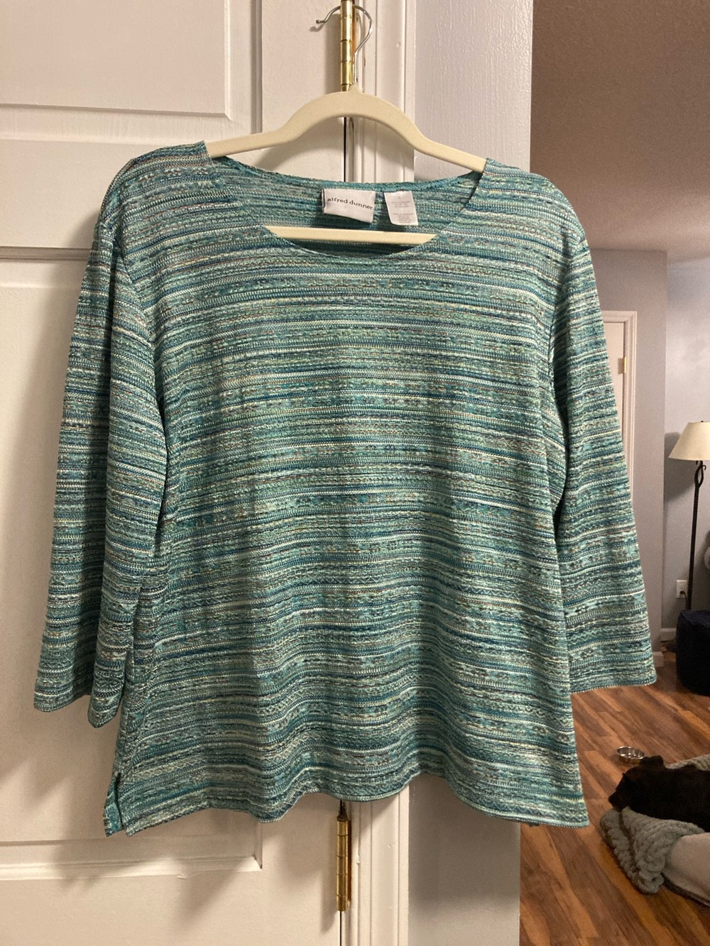 Alfred Dunner Teal Striped Three-Quarter Sleeve Knit Top